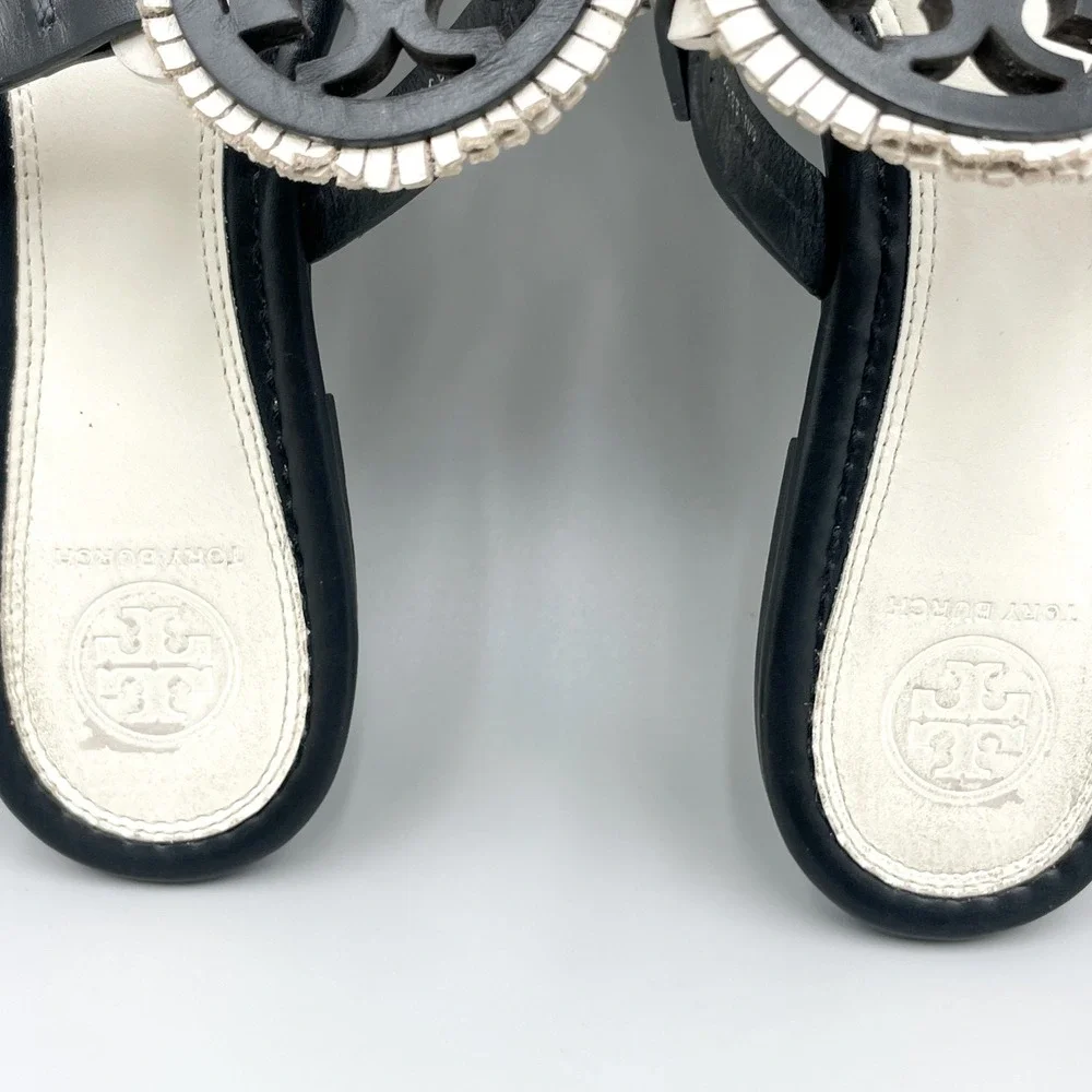 Tory Burch Miller Fringe Sandals Womens 9M Black White Leather Logo Thong Flats